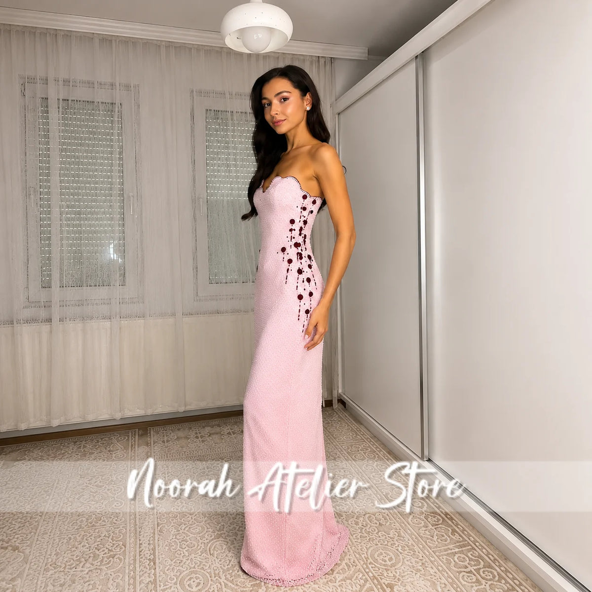 Everstead Elegant Pink Floral Floor-Length Evening Gown