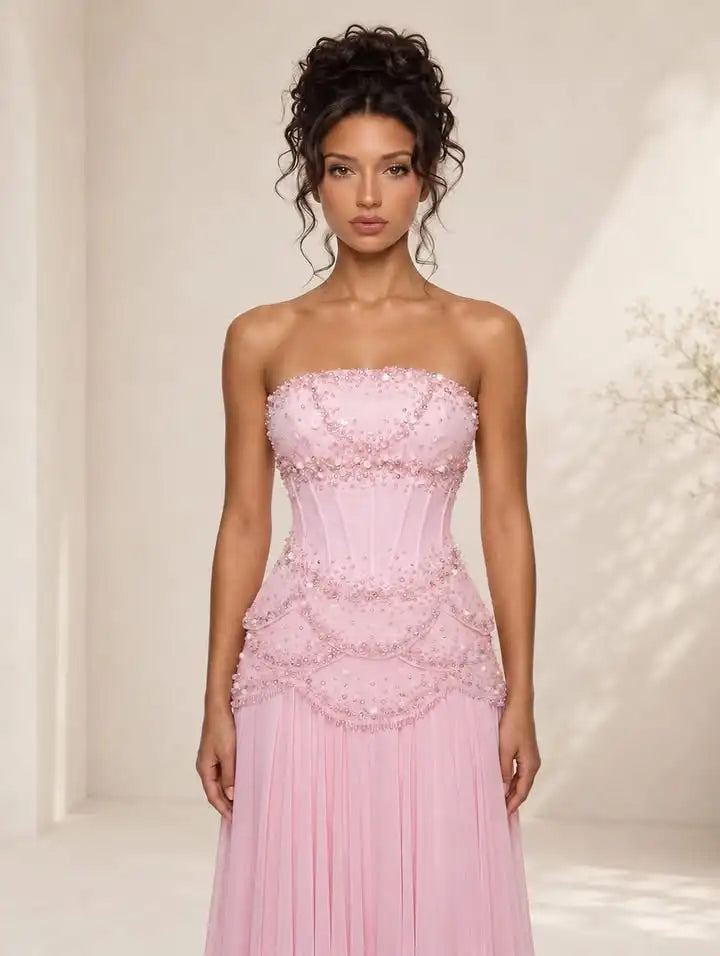 Everstead Pink Strapless Beaded Corset Chiffon Evening Dress
