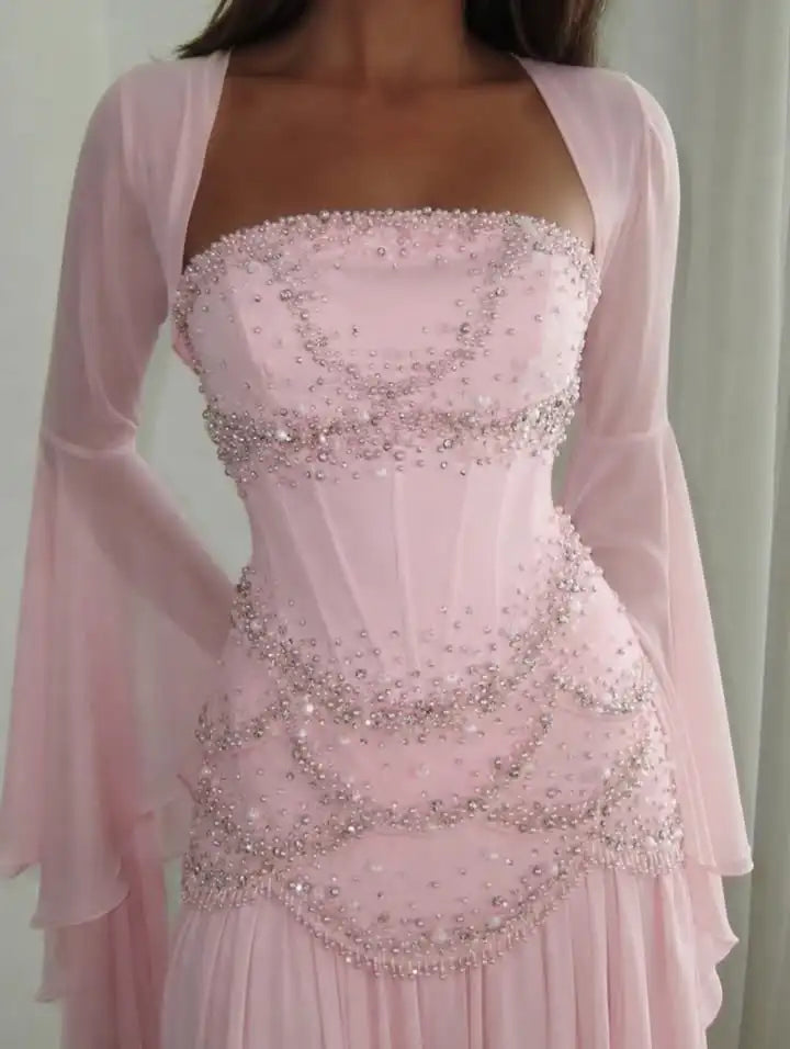 Everstead Pink Strapless Beaded Corset Chiffon Evening Dress