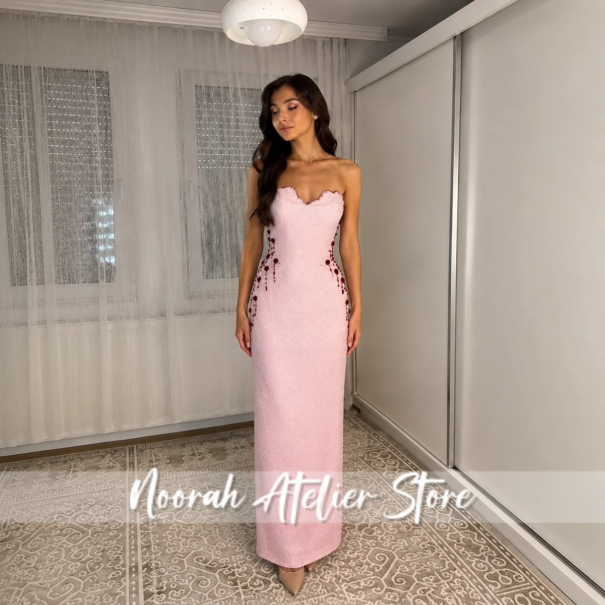 Everstead Elegant Pink Floral Floor-Length Evening Gown