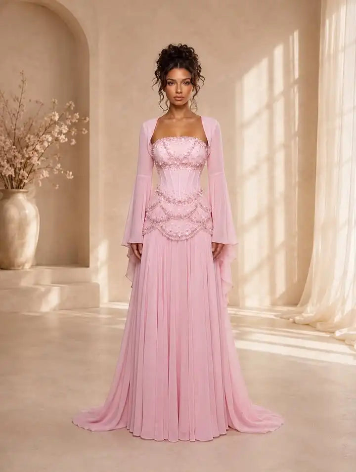 Everstead Pink Strapless Beaded Corset Chiffon Evening Dress