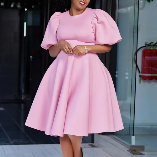 Elegant Women’s Pleated Midi Dress – High-Waist Short Sleeve Party & Dinner Dress