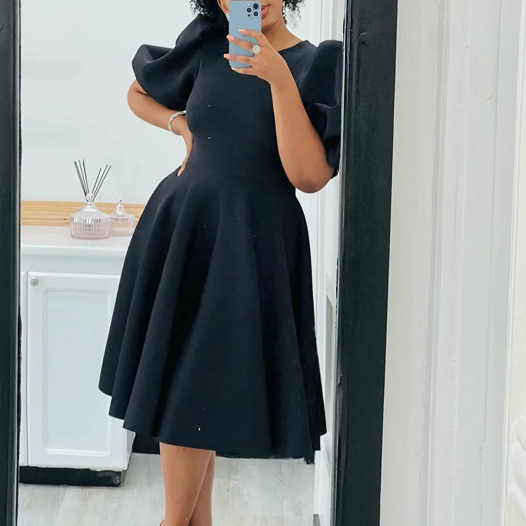 Elegant Women’s Pleated Midi Dress – High-Waist Short Sleeve Party & Dinner Dress