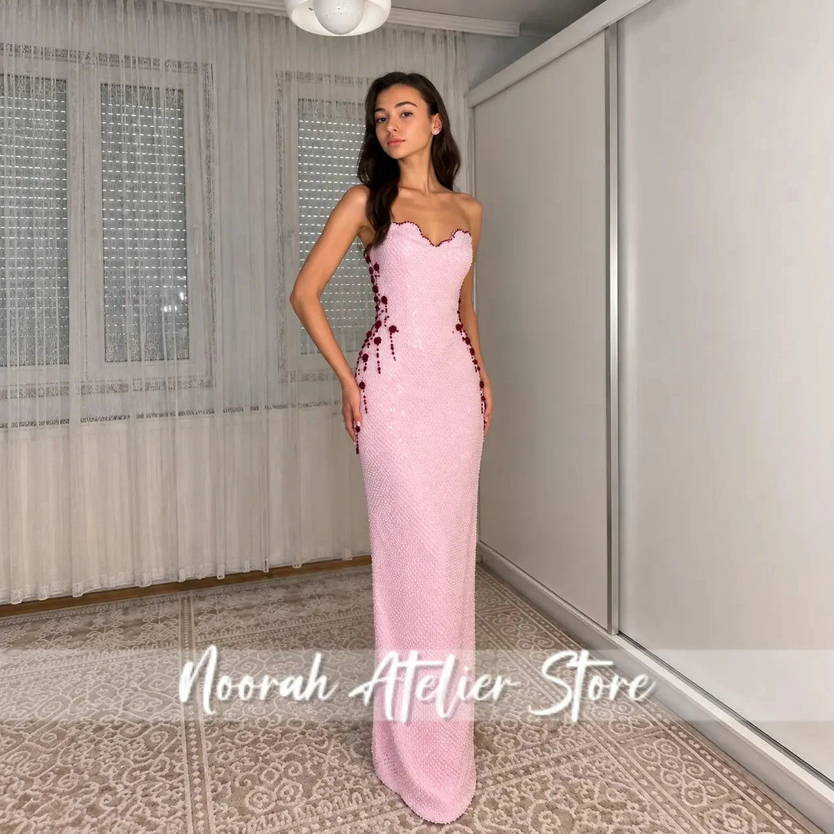 Everstead Elegant Pink Floral Floor-Length Evening Gown
