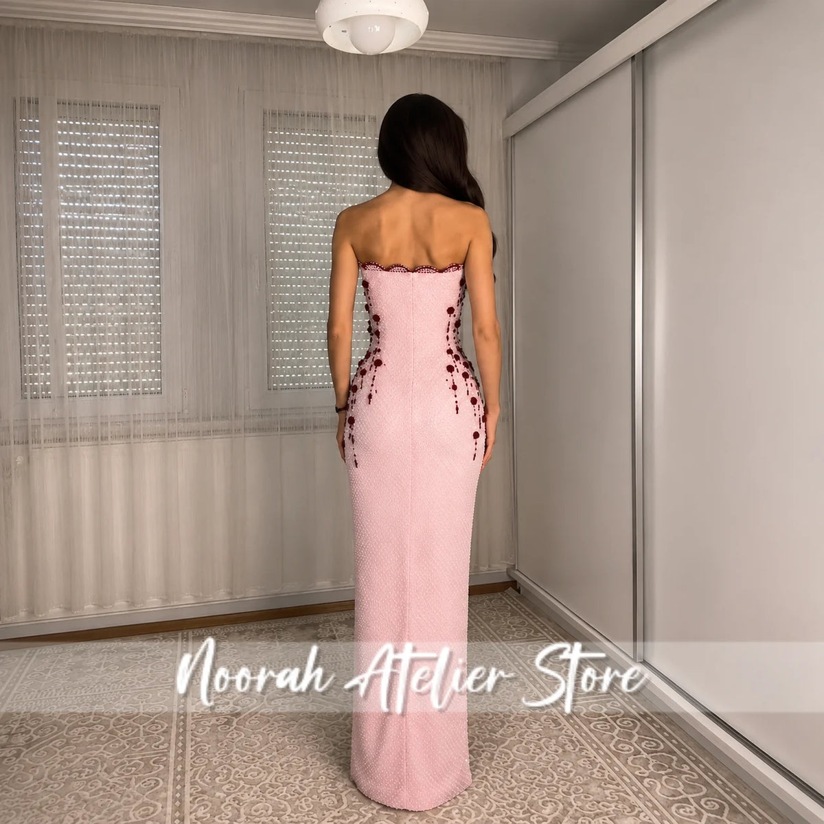 Everstead Elegant Pink Floral Floor-Length Evening Gown