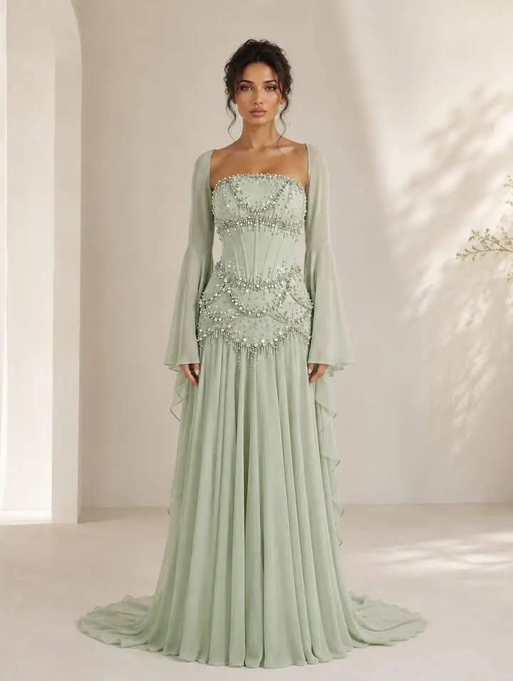 Everstead Pink Strapless Beaded Corset Chiffon Evening Dress