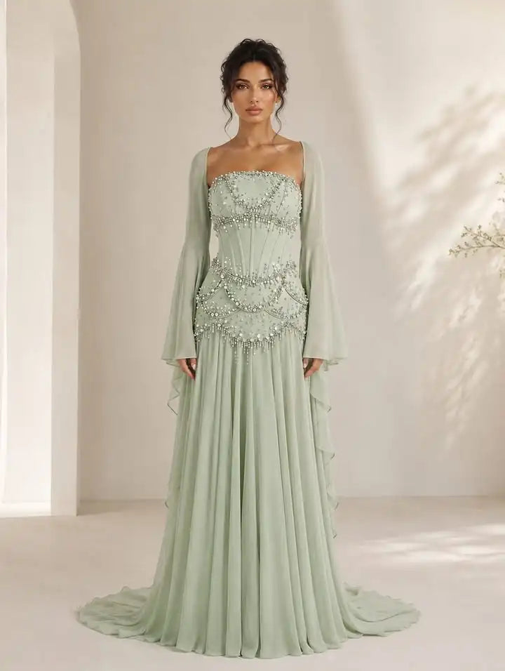 Everstead Pink Strapless Beaded Corset Chiffon Evening Dress